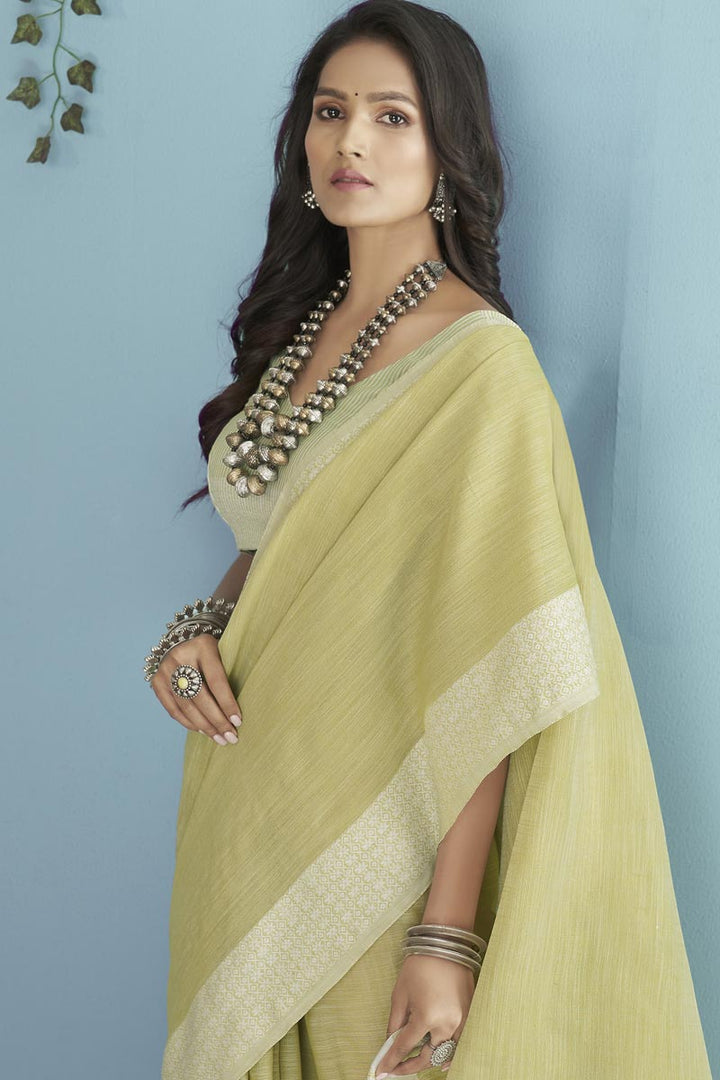 Yellow Color Linen Fabric Festive Wear Elegant Saree