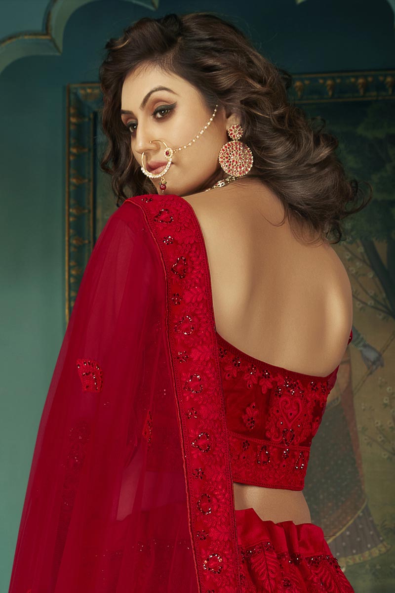 Red Color Net Fabric Embroidery Work Function Wear Fancy Lehenga Choli