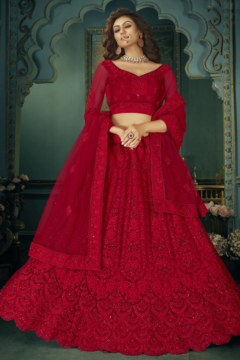 Red Color Net Fabric Embroidery Work Function Wear Fancy Lehenga Choli