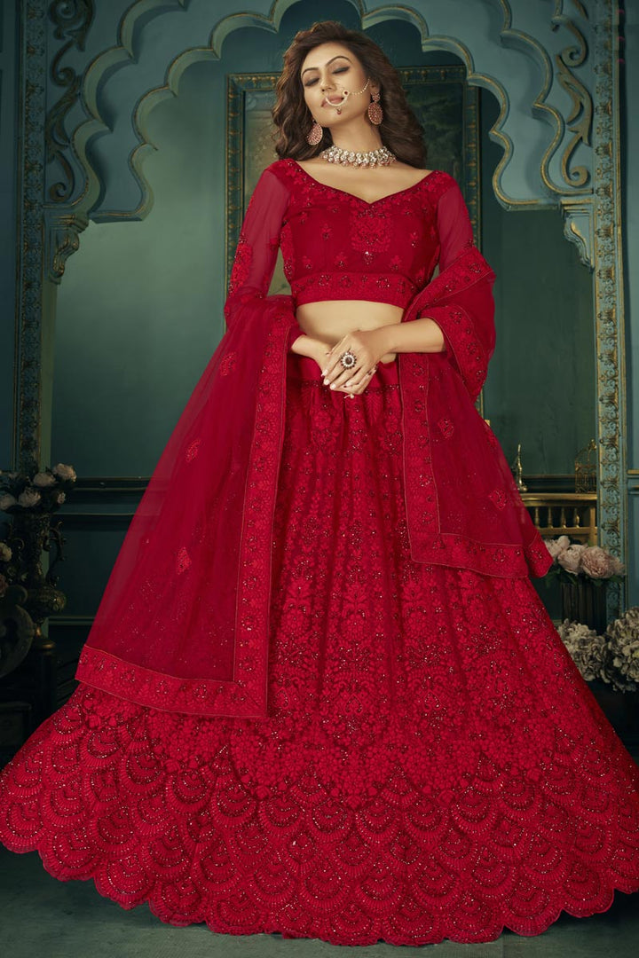 Red Color Net Fabric Embroidery Work Function Wear Fancy Lehenga Choli