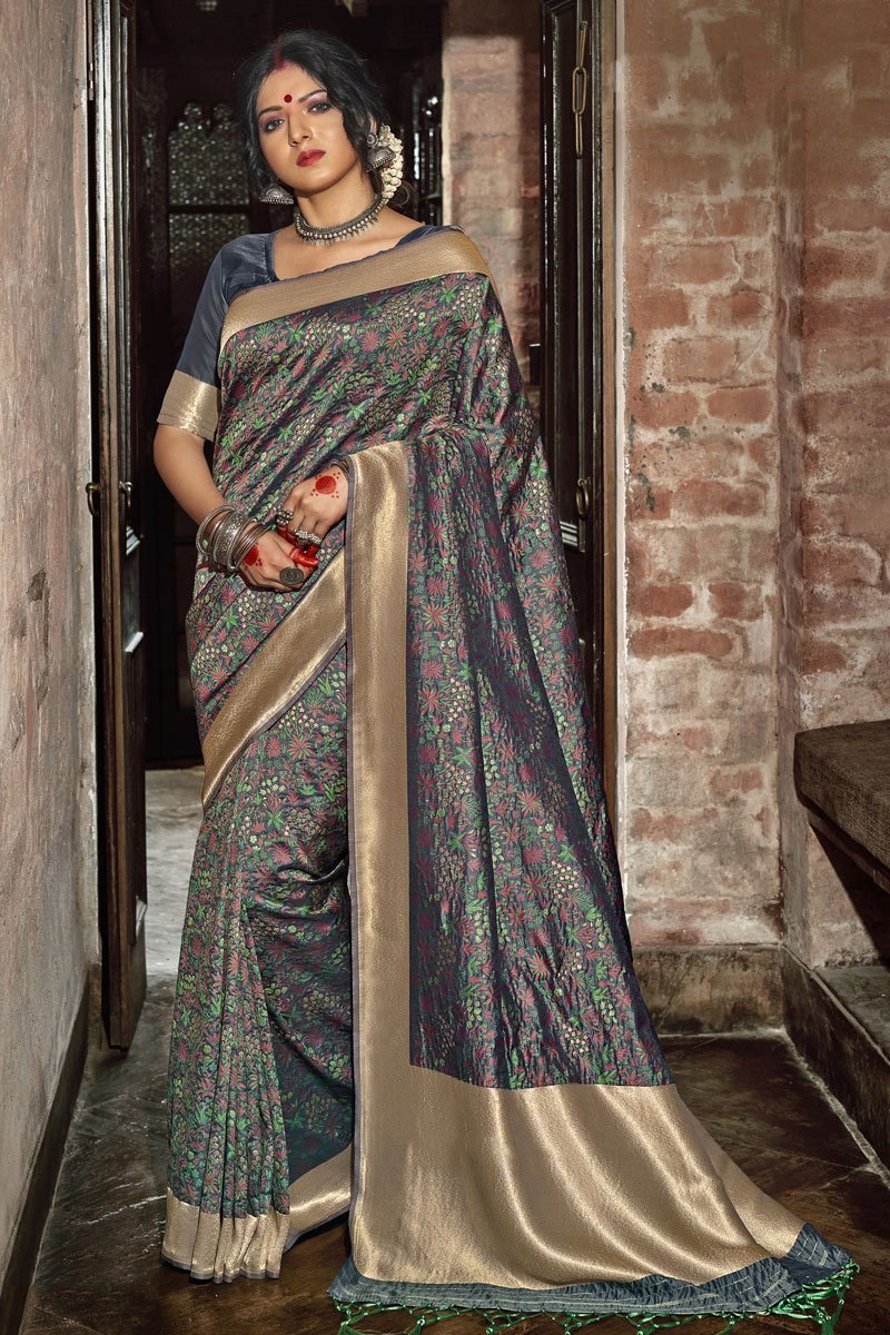 Art Silk Fabric Weaving Work Grey Color Wedding Wear Saree