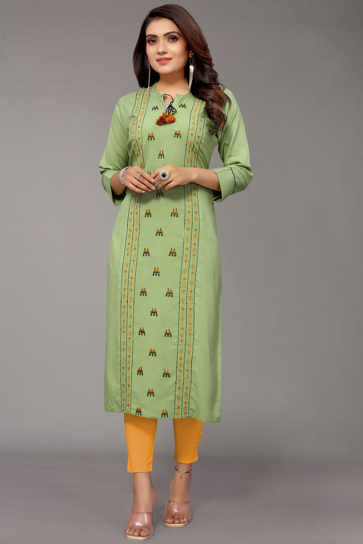 Marvelous Rayon Fabric Embroidered Kurti In Olive Color