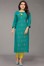 Load image into Gallery viewer, Attractive Rayon Fabric Sea Green Color Embroidered Kurti
