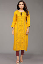 Load image into Gallery viewer, Alluring Mustard Color Rayon Fabric Embroidered Kurti
