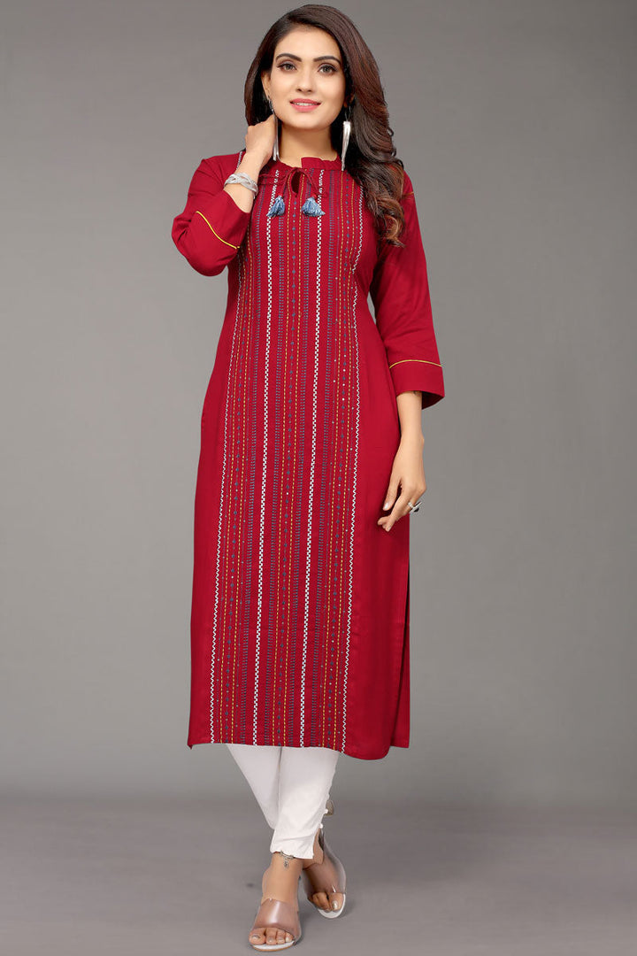 Classic Maroon Color Embroidered Kurti In Rayon Fabric