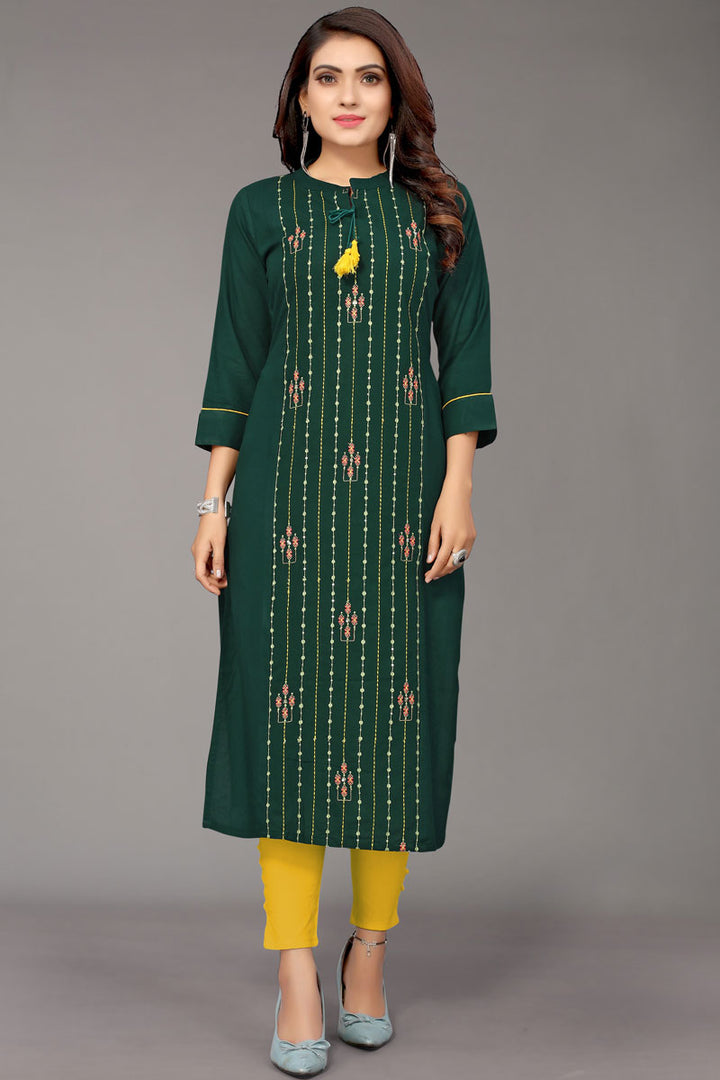 Rayon Fabric Green Color Fascinating Embroidered Kurti