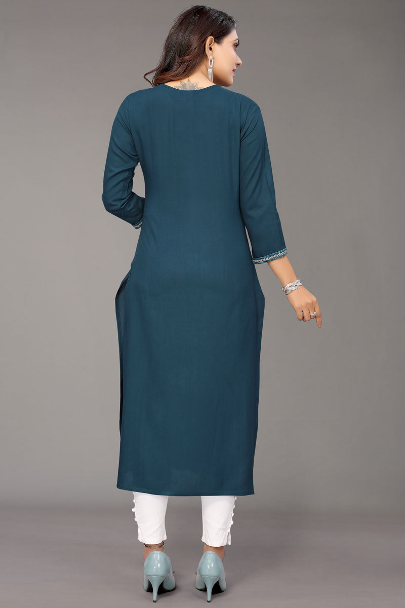 Teal Color Rayon Fabric Flamboyant Embroidered Kurti