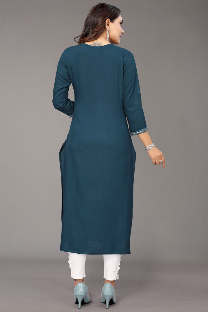Teal Color Rayon Fabric Flamboyant Embroidered Kurti