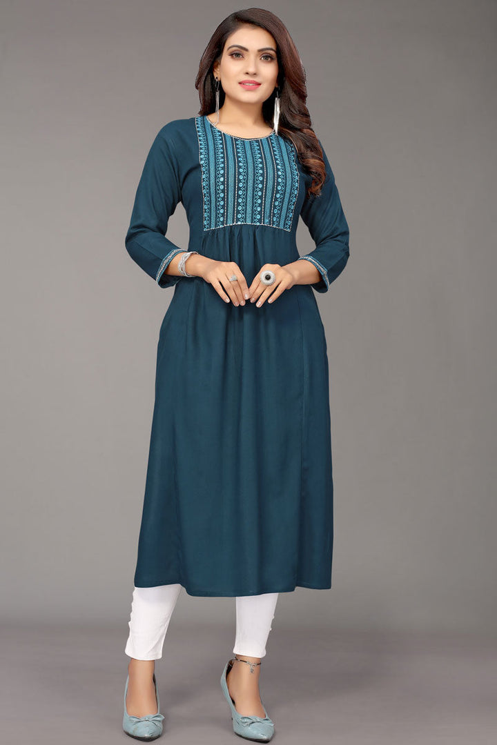 Teal Color Rayon Fabric Flamboyant Embroidered Kurti