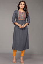 Load image into Gallery viewer, Rayon Fabric Fashionable Embroidered Kurti In Grey Color
