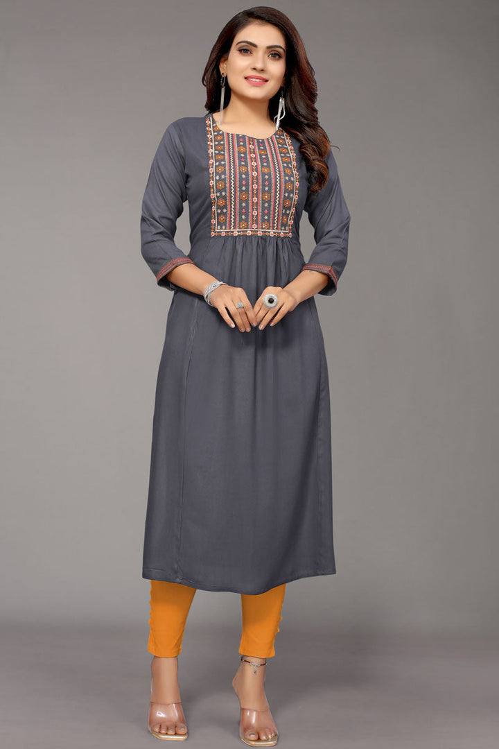 Rayon Fabric Fashionable Embroidered Kurti In Grey Color