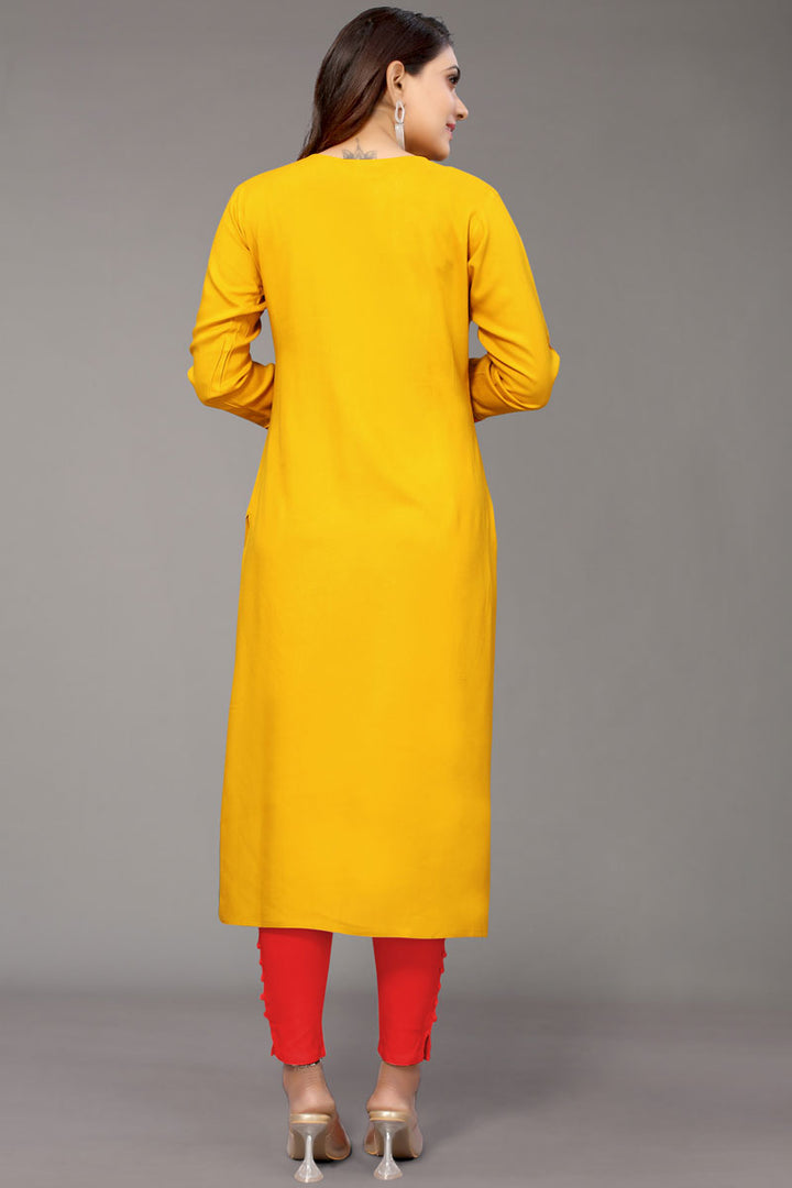 Rayon Fabric Yellow Color Luminous Embroidered Kurti