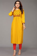 Load image into Gallery viewer, Rayon Fabric Yellow Color Luminous Embroidered Kurti

