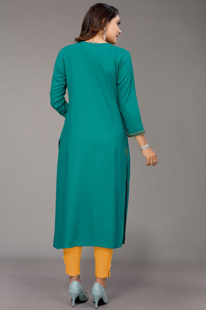 Sea Green Color Rayon Fabric Charismatic Embroidered Kurti