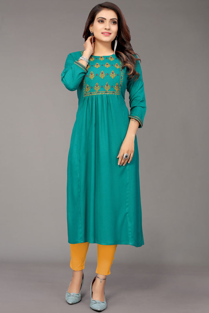 Sea Green Color Rayon Fabric Charismatic Embroidered Kurti