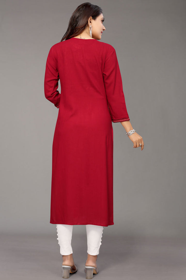 Red Color Rayon Fabric Spectacular Embroidered Kurti