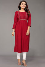 Load image into Gallery viewer, Red Color Rayon Fabric Spectacular Embroidered Kurti
