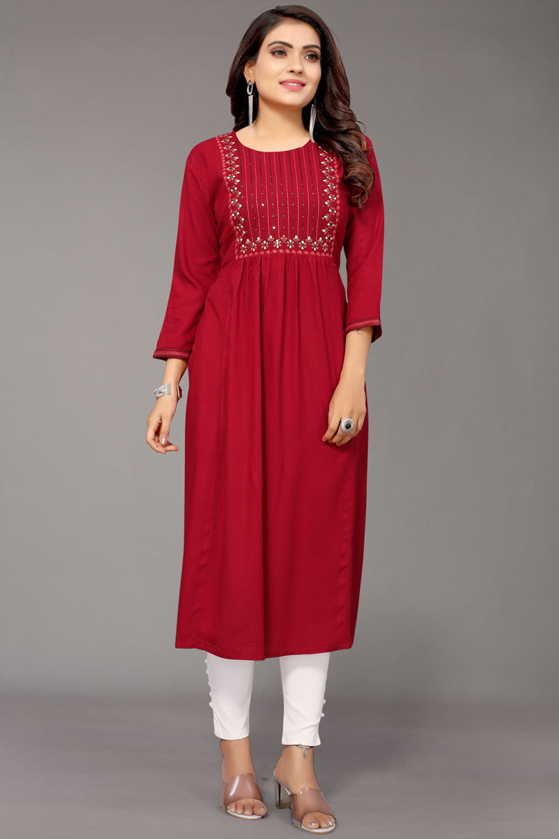 Red Color Rayon Fabric Spectacular Embroidered Kurti