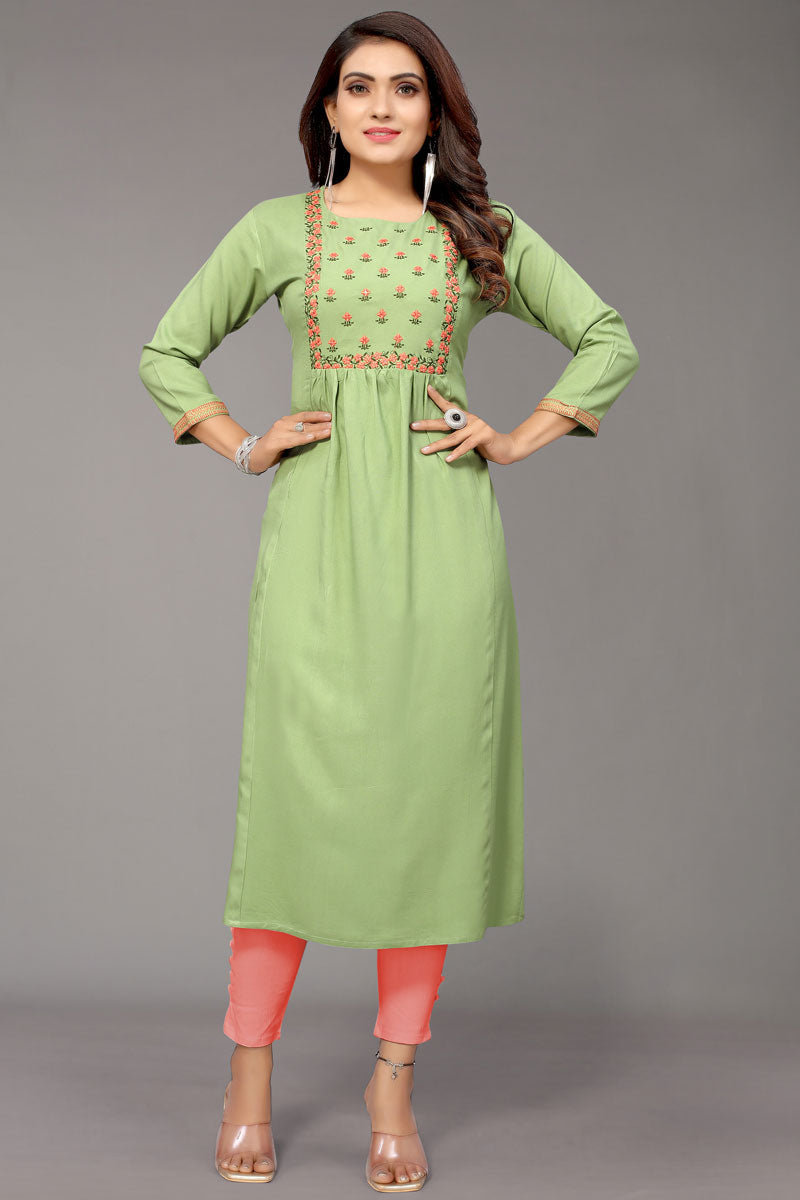 Rayon Fabric Olive Color Inventive Embroidered Kurti