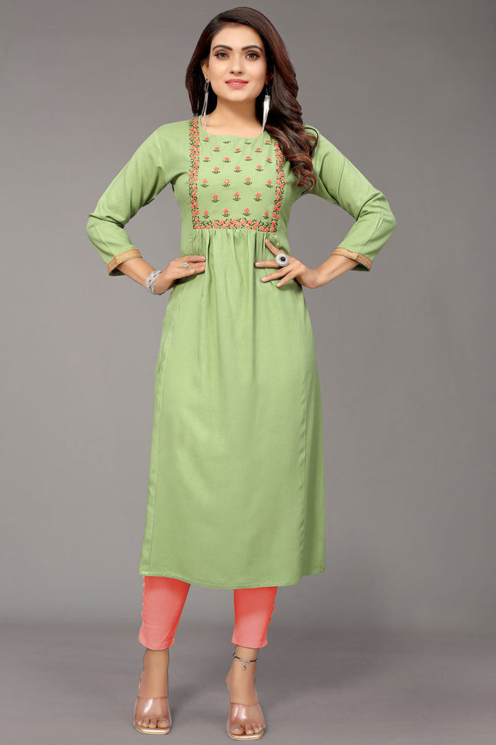 Rayon Fabric Olive Color Inventive Embroidered Kurti