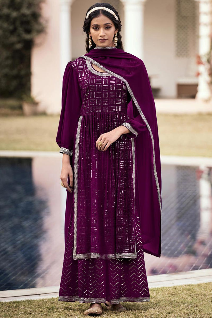 Purple Color Georgette Fabric Sequins Work Appealing Palazzo Suit