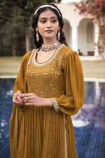 Load image into Gallery viewer, Georgette Fabric Sequins Work Wonderful Palazzo Suit In Mustard Color
