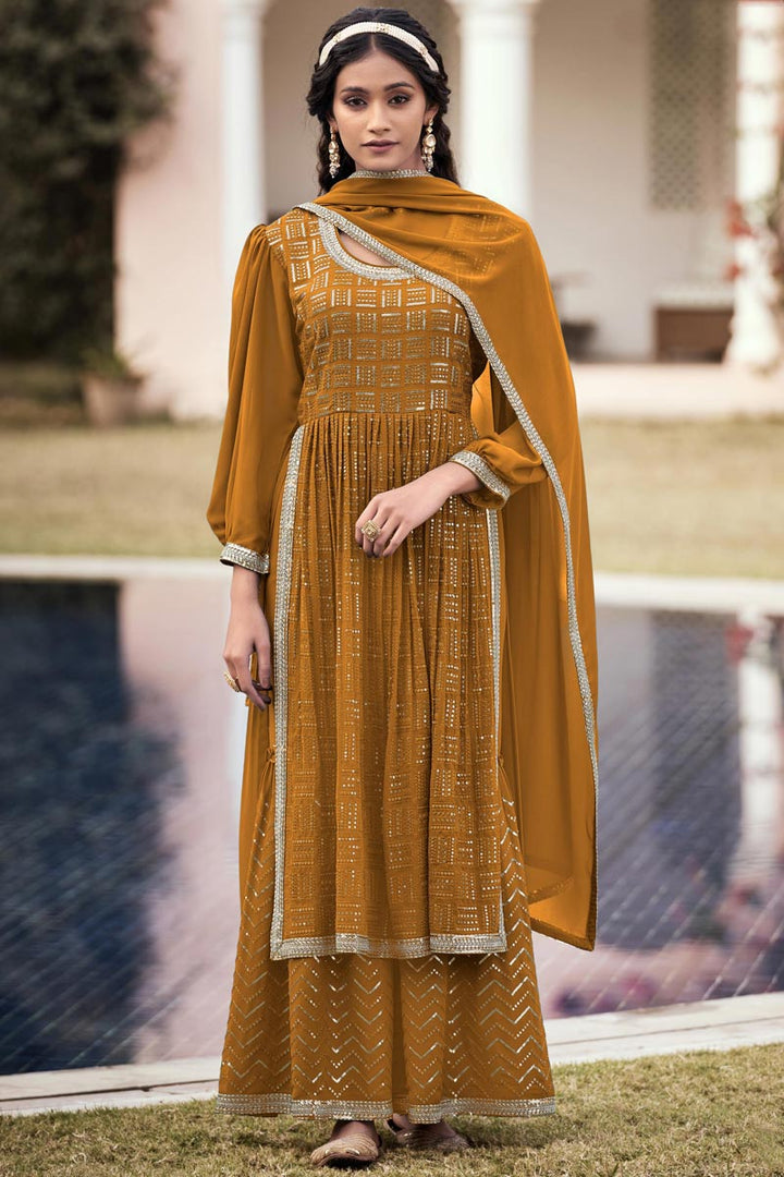 Georgette Fabric Sequins Work Wonderful Palazzo Suit In Mustard Color