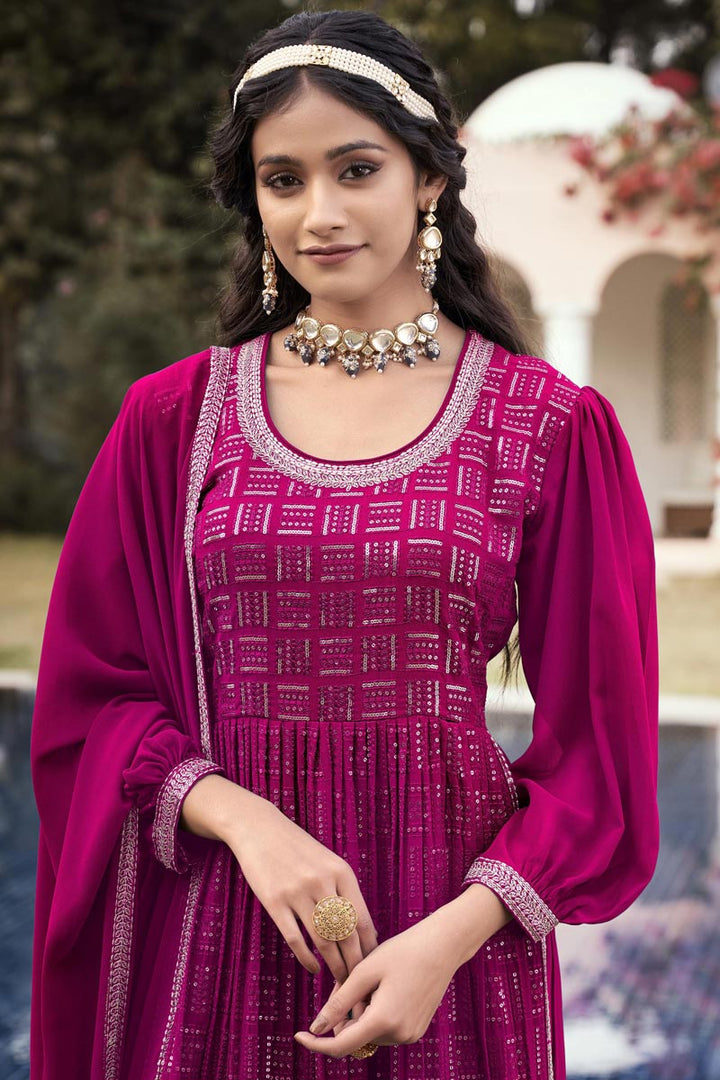 Magenta Color Glorious Georgette Fabric Sequins Work Palazzo Suit