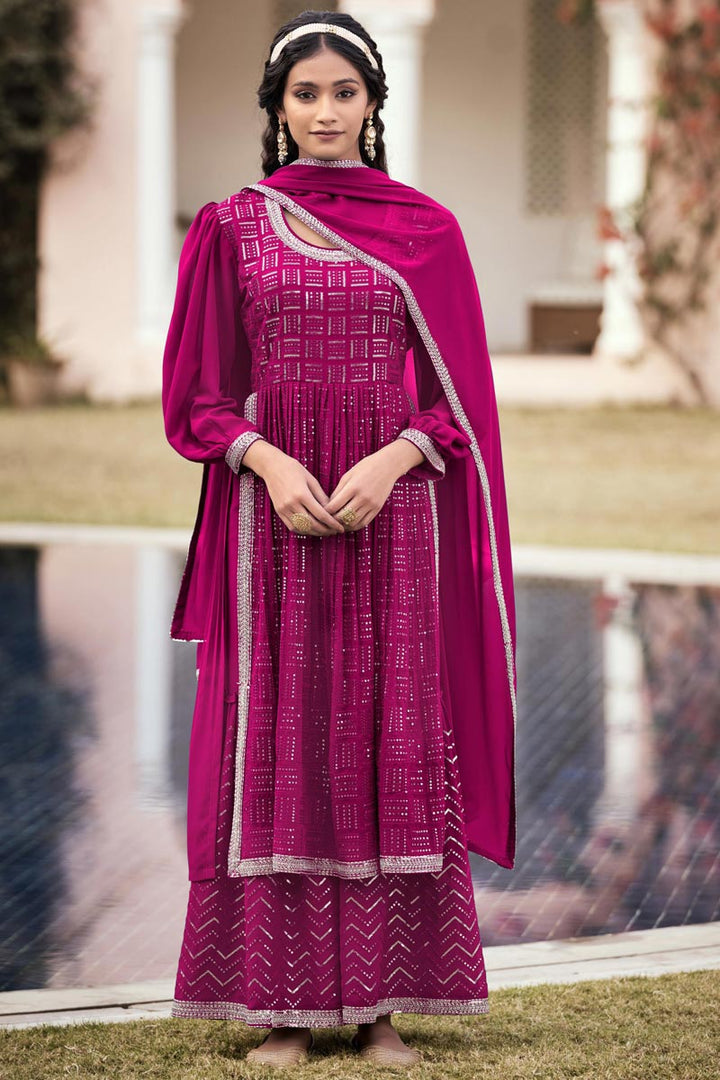 Magenta Color Glorious Georgette Fabric Sequins Work Palazzo Suit