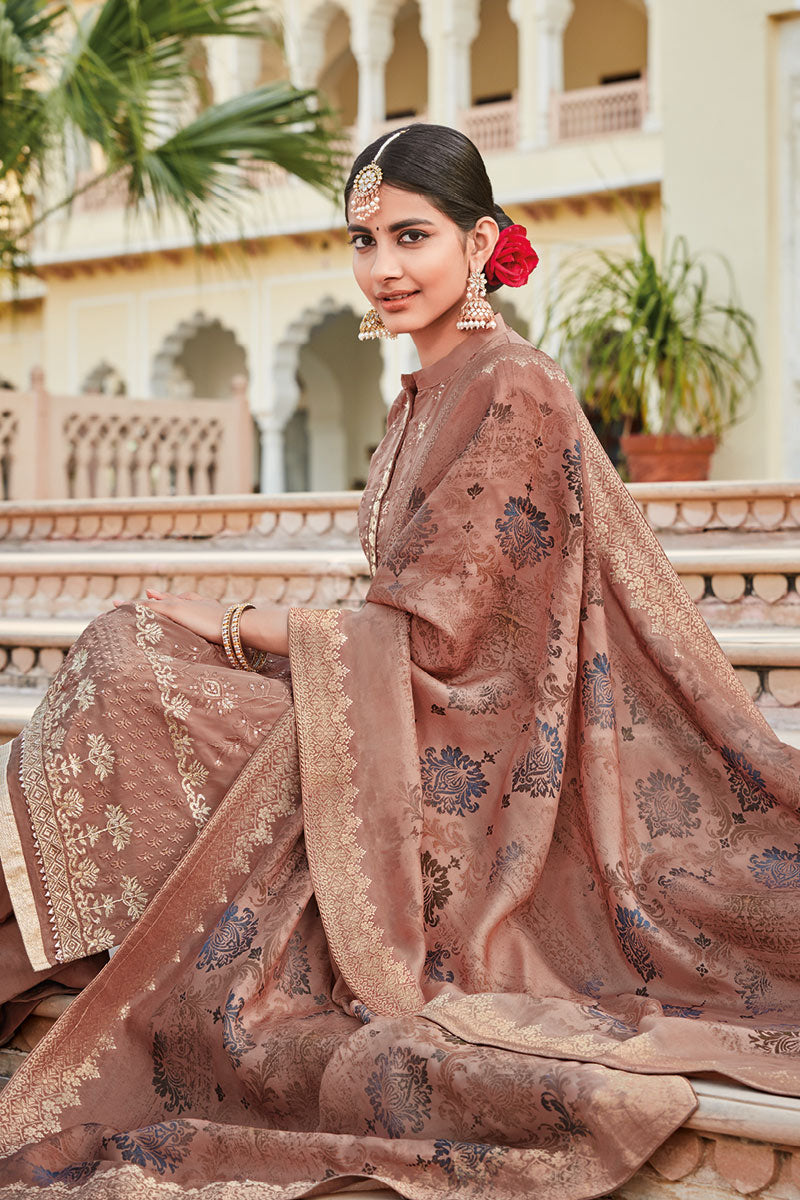 Embellished Crepe Fabric Designer Party Wear Palazzo Suit In Light Wine Color