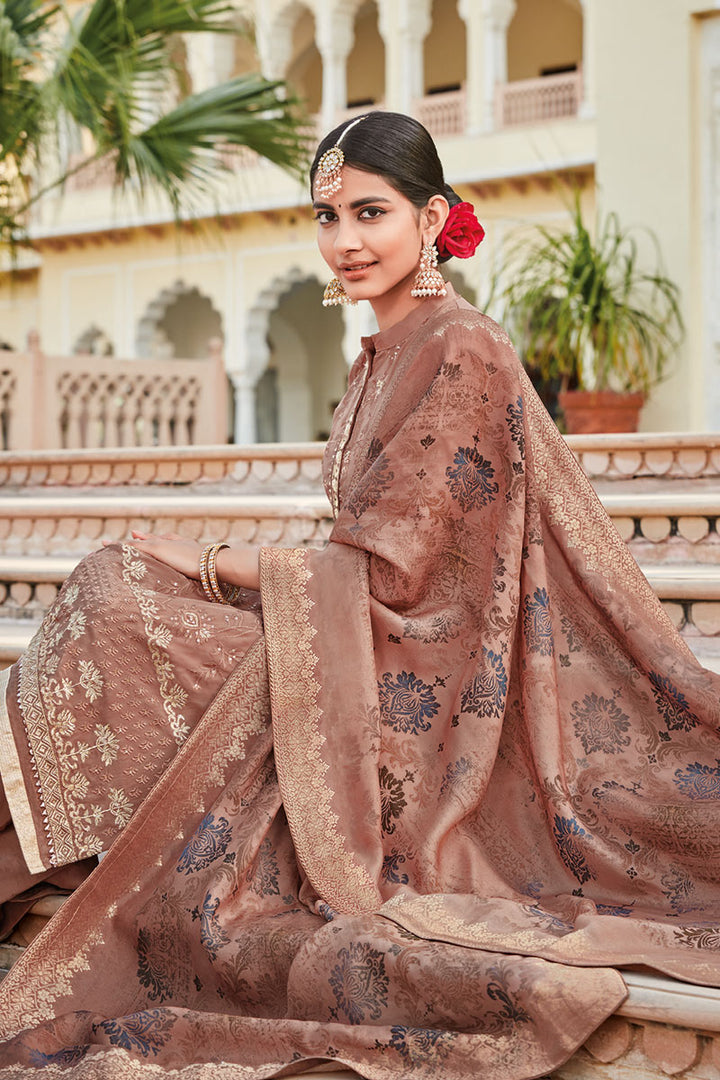 Embellished Crepe Fabric Designer Party Wear Palazzo Suit In Light Wine Color