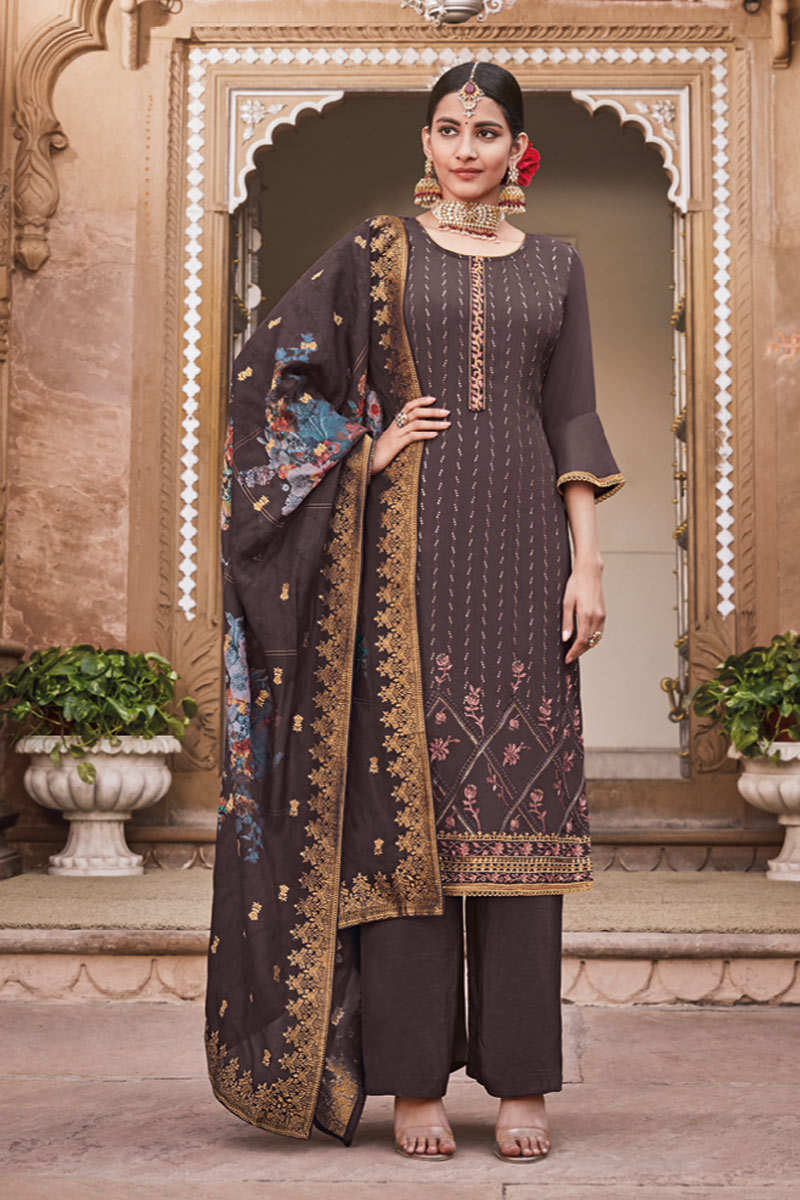 Crepe Fabric Party Wear Designer Palazzo Suit In Wine Color