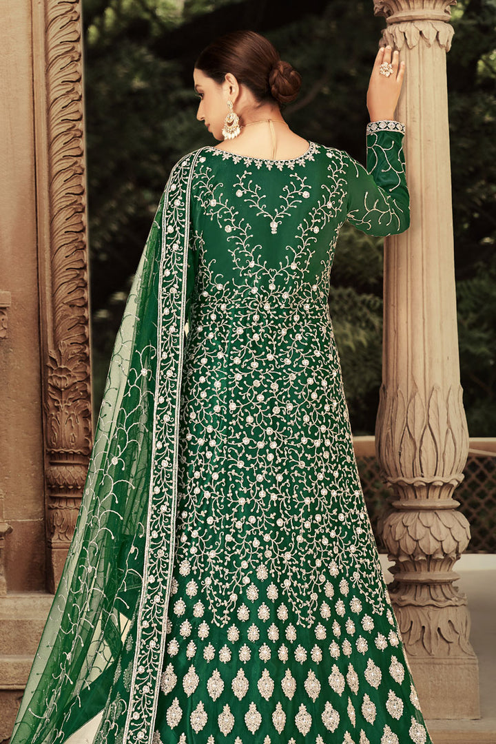 Embroidered Work On Net Fabric Mesmerizing Anarkali Suit In Green Color