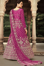 Load image into Gallery viewer, Captivating Embroidered Work On Magenta Color Net Fabric Anarkali Suit
