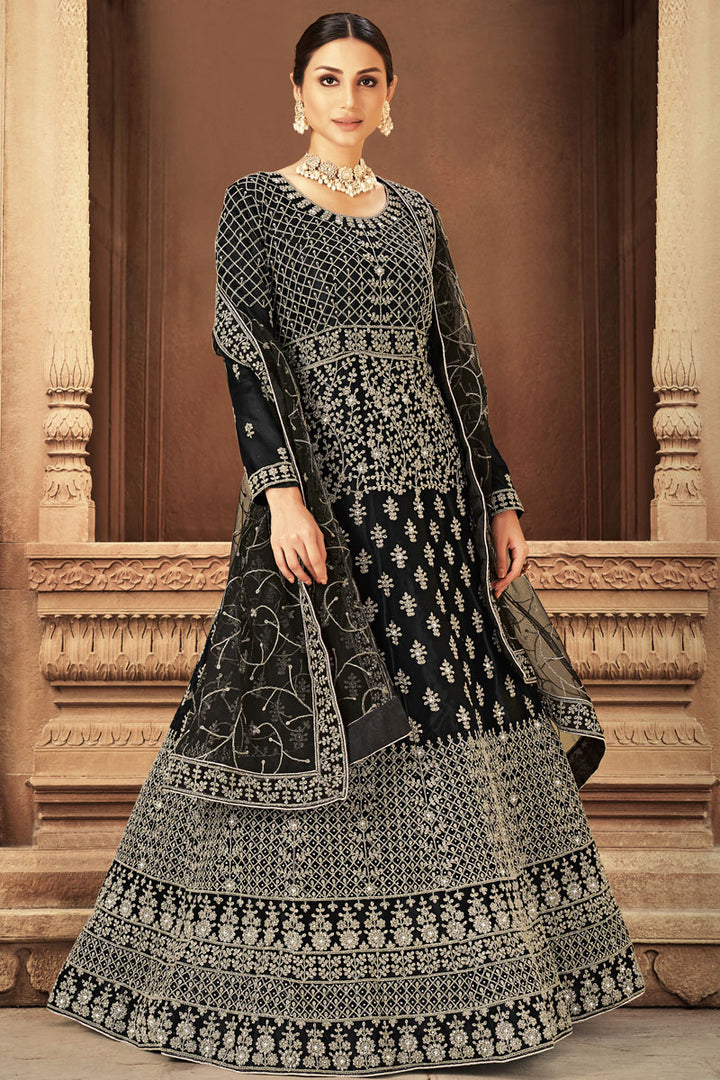 Black Color Alluring Net Fabric Anarkali Suit With Embroidered Work