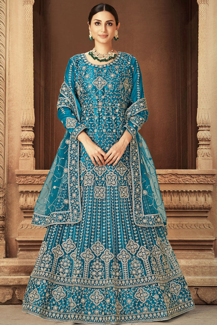 Embroidered Work On Net Fabric splendid Anarkali Suit In Cyan Color