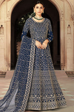 Load image into Gallery viewer, Embroidered Work On Beguiling Net Fabric Anarkali Suit In Navy Blue Color

