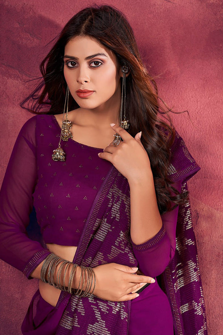 Intricate Sequins Work Viscose Fabric Purple Color Saree