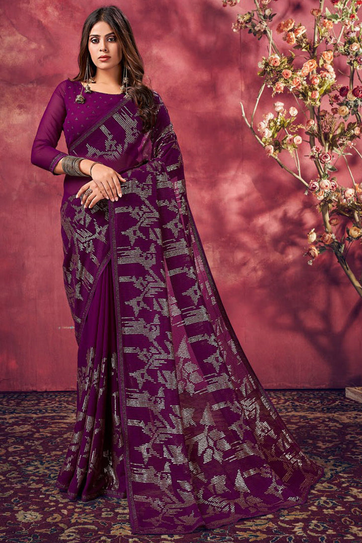 Intricate Sequins Work Viscose Fabric Purple Color Saree