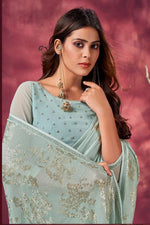 Load image into Gallery viewer, Light Cyan Color Engrossing Sequins Work Saree In Viscose Fabric
