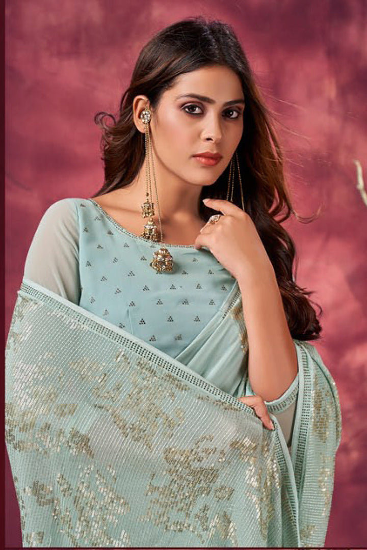 Light Cyan Color Engrossing Sequins Work Saree In Viscose Fabric