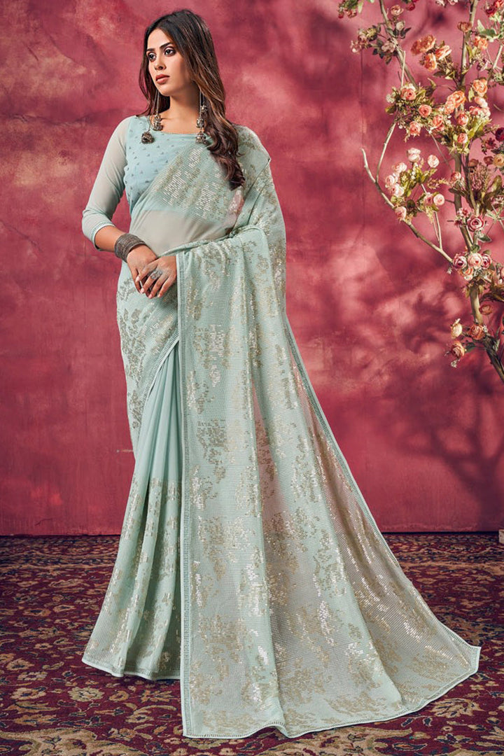 Light Cyan Color Engrossing Sequins Work Saree In Viscose Fabric