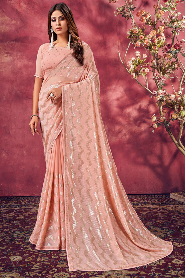 Viscose Fabric Peach Color Engaging Sequins Work Saree