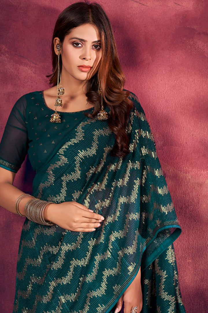 Teal Color Viscose Fabric Precious Sequins Work Saree