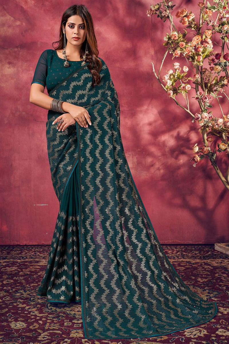 Teal Color Viscose Fabric Precious Sequins Work Saree