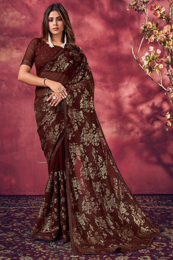 Maroon Color Admirable Sequins Work Saree In Viscose Fabric