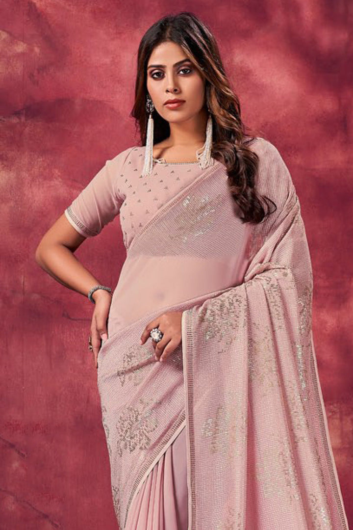 Sequins Work Pink Color Adorning Saree In Viscose Fabric
