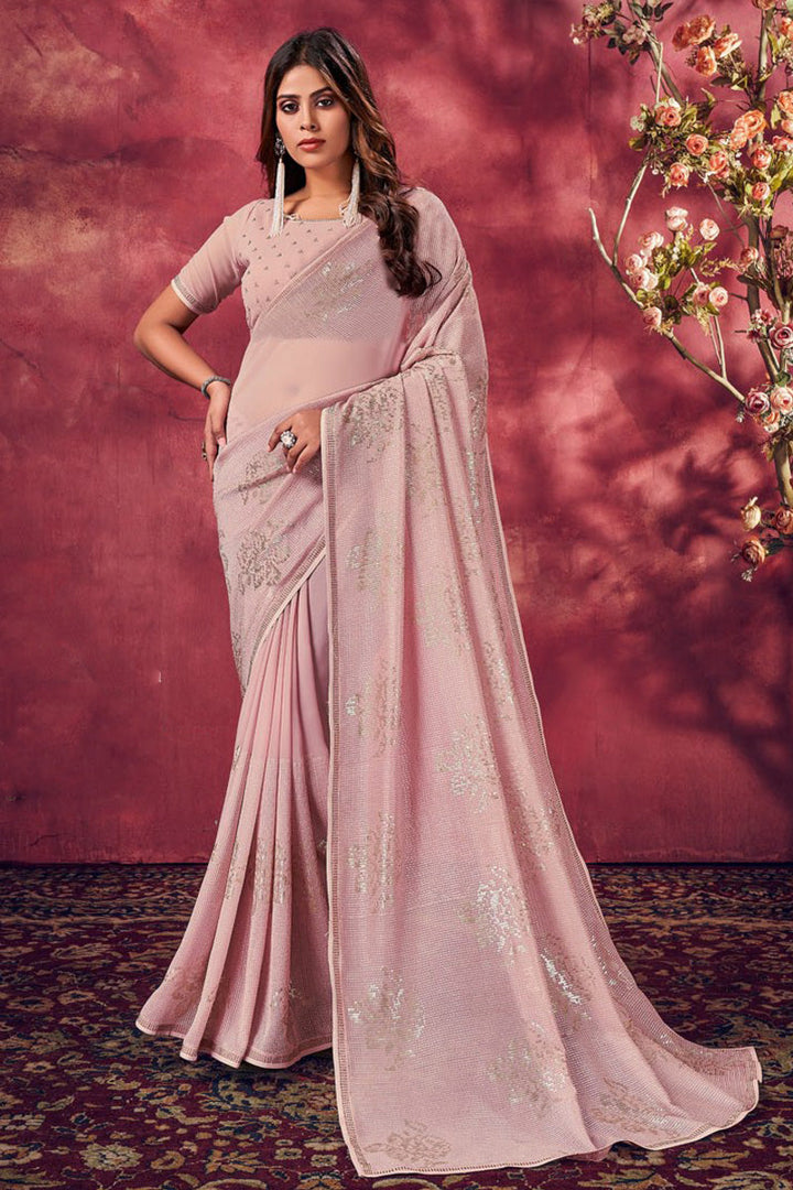 Sequins Work Pink Color Adorning Saree In Viscose Fabric