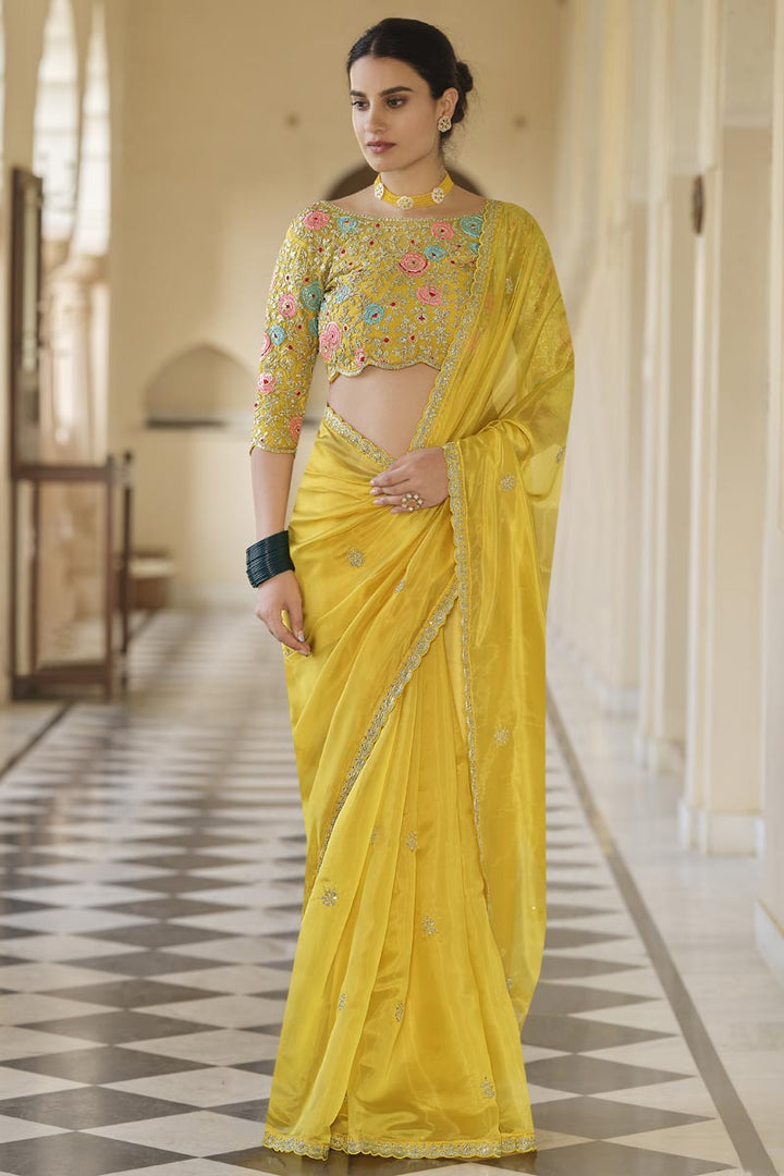 Party Wear Organza Fabric Saree With Embroidered Blouse