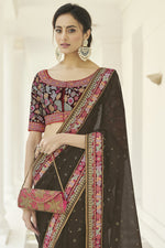 Load image into Gallery viewer, Embroidered Work On Radiant Brown Color Organza Fabric Party Wear Saree
